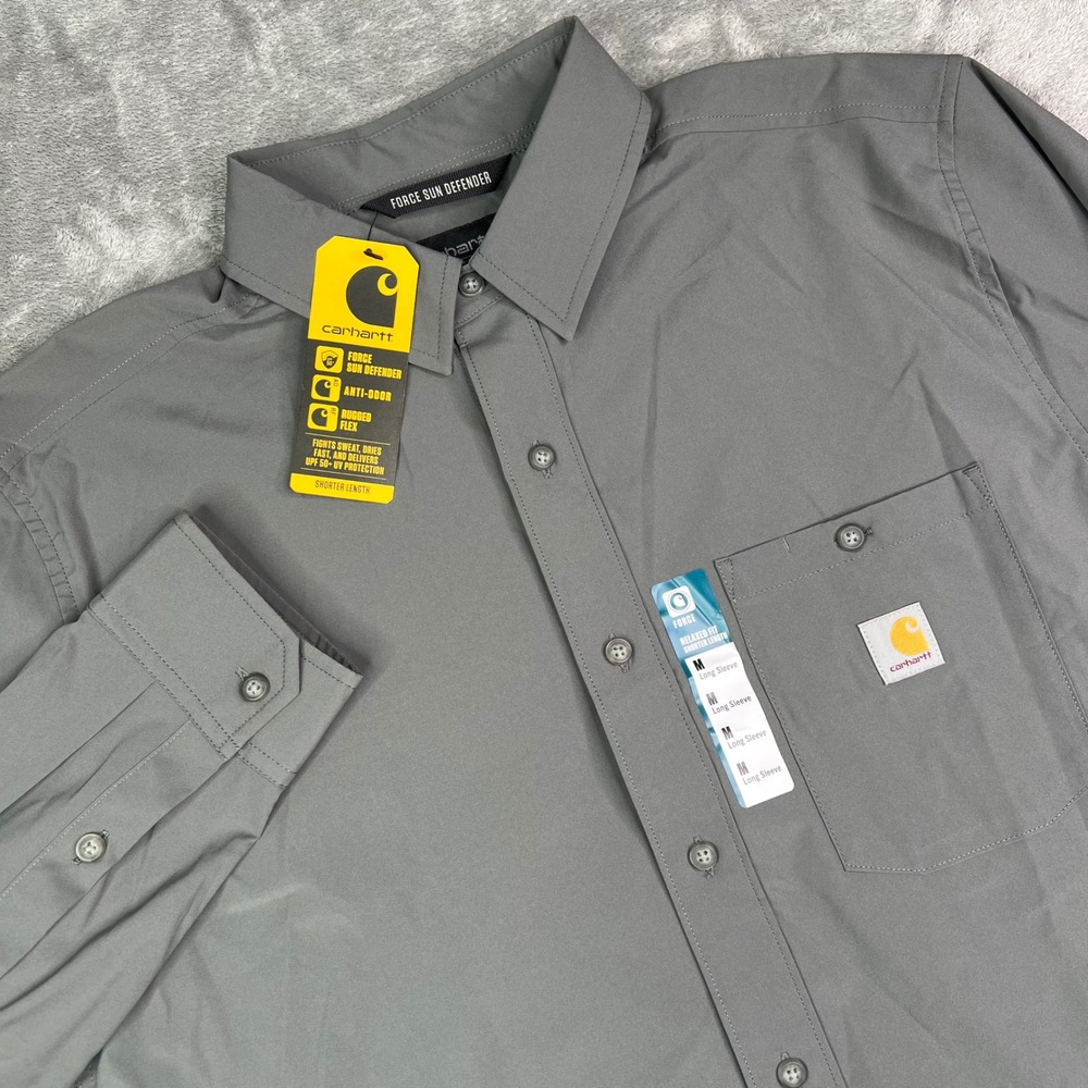 Carhartt Force Sun Defender Shirt Mens M Gray Solid UPF 50 Long Sleeve Relaxed